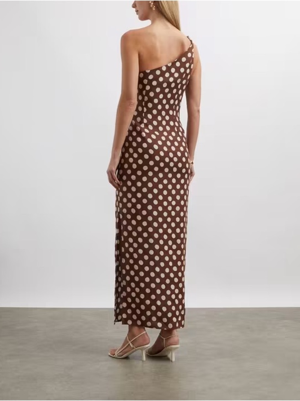 NWT FAITHFULL the Brand Simona One Shoulder Polka Dot Maxi Linen Dress Brown - Picture 2 of 5